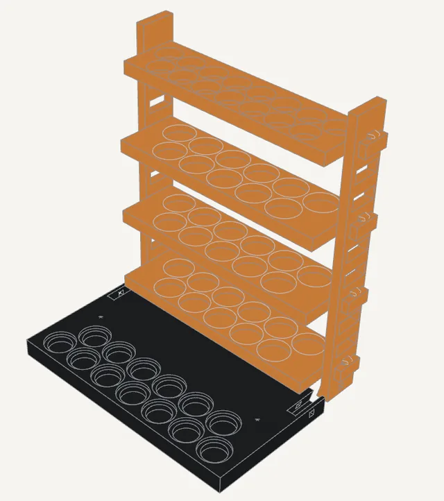 3D assembly guide: the Gallery Ladder shelves sliding into the plinth (step 3 of 5)
