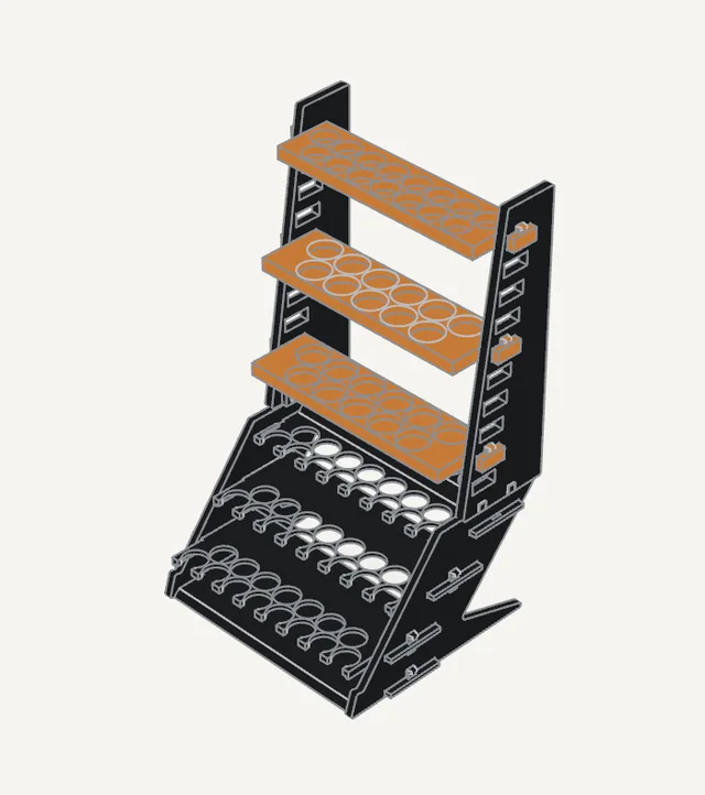 3D assembly guide: the three riser shelves locked into the extension wings above the tower (step 7 of 8)