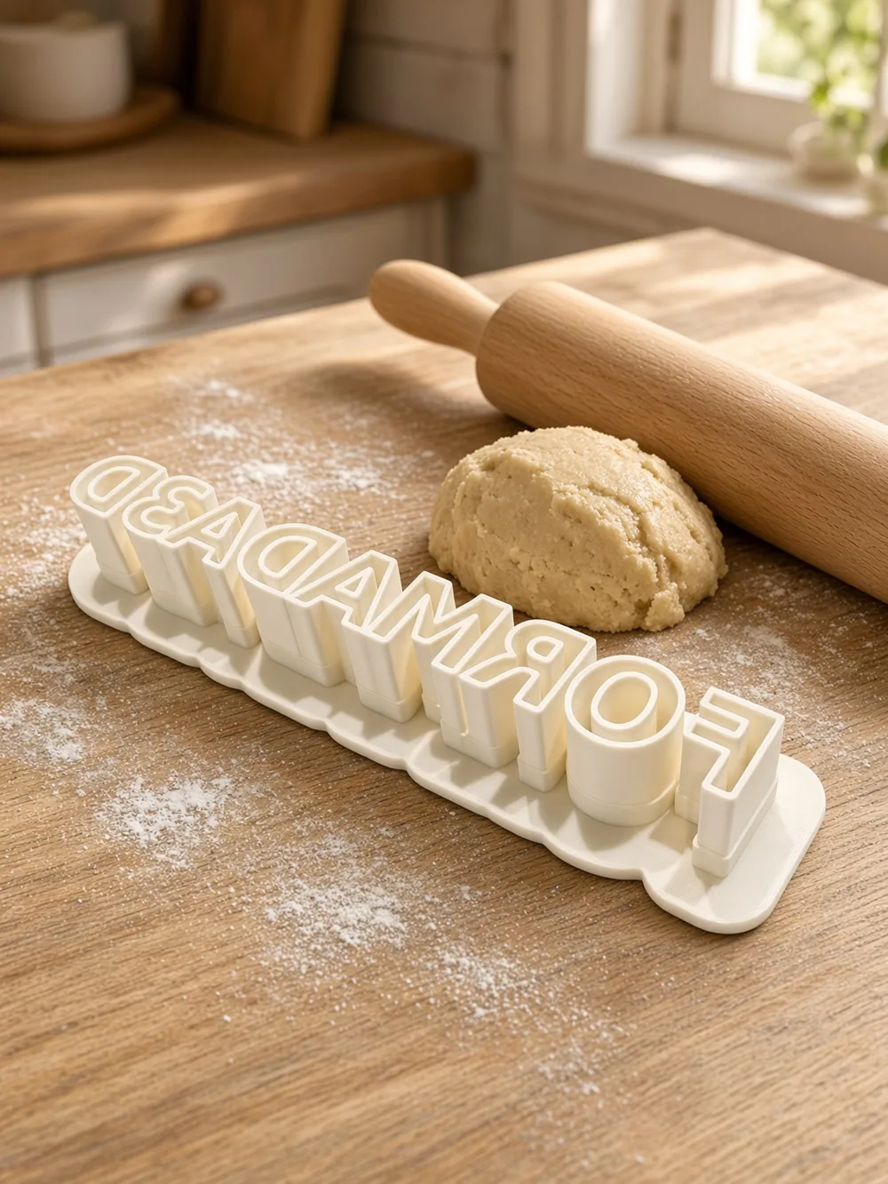 Formada3D word cookie cutter on a floured kitchen bench with dough and a rolling pin