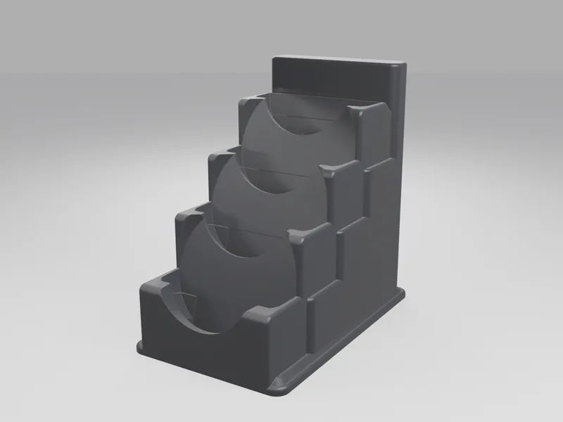 Studio render of a charcoal four-tier 3D printed stand with curved cradles for coin capsules
