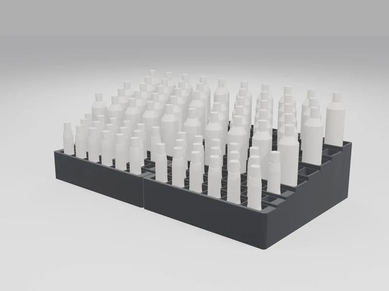 Render of a black two-module 3D printed rack holding rows of paint tubes