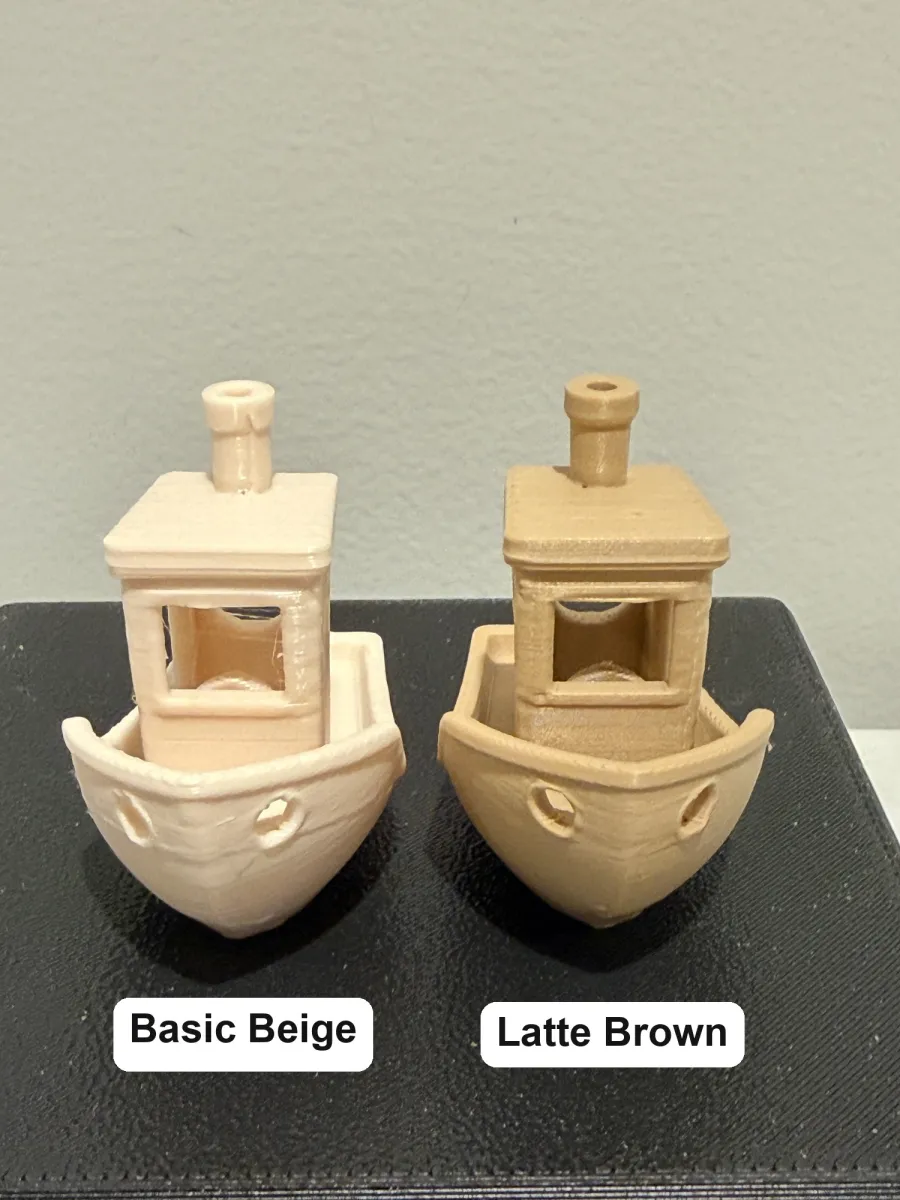Real print: test boats in Basic Beige (left) and Latte Brown (right)