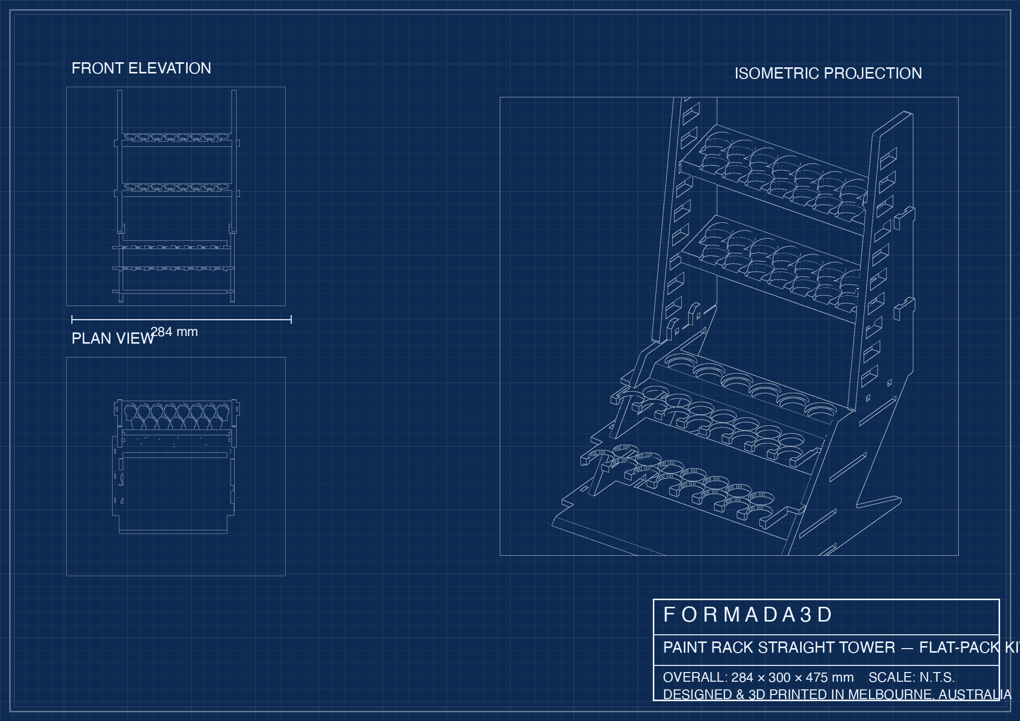 Blueprint: flat-pack paint tower, 284 x 300 x 475 mm