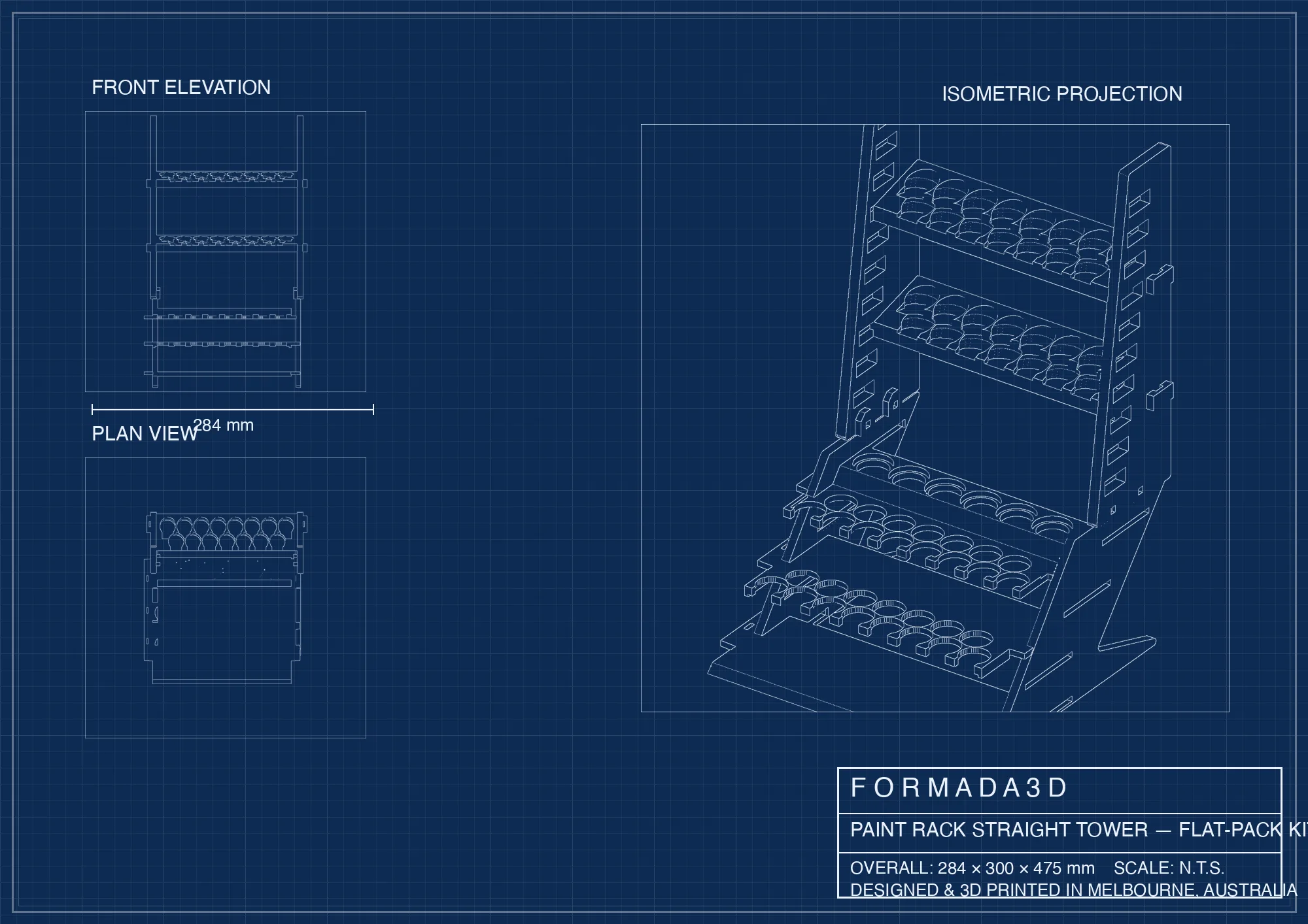 Blueprint: flat-pack paint tower, 284 x 300 x 475 mm