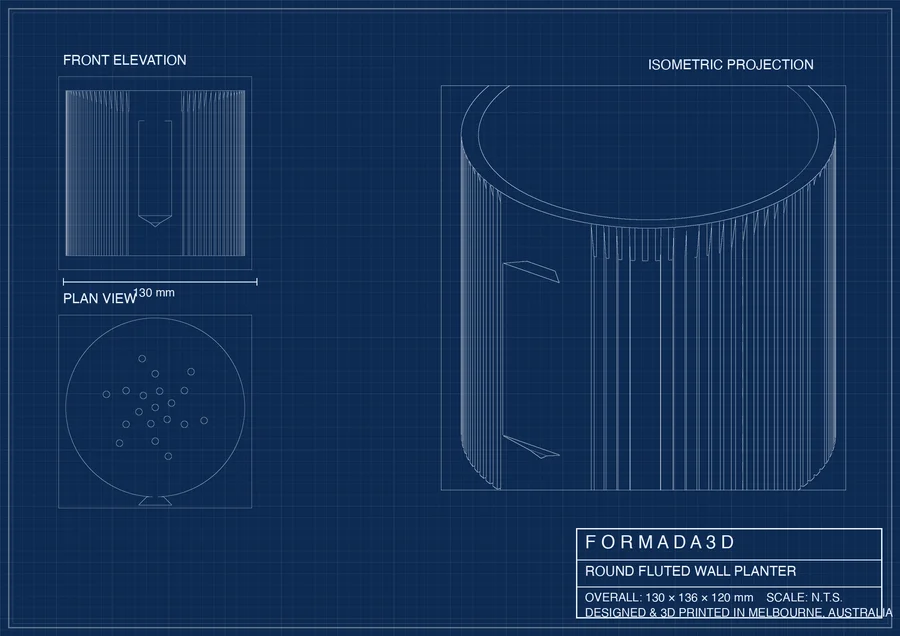 Round fluted wall planter technical blueprint