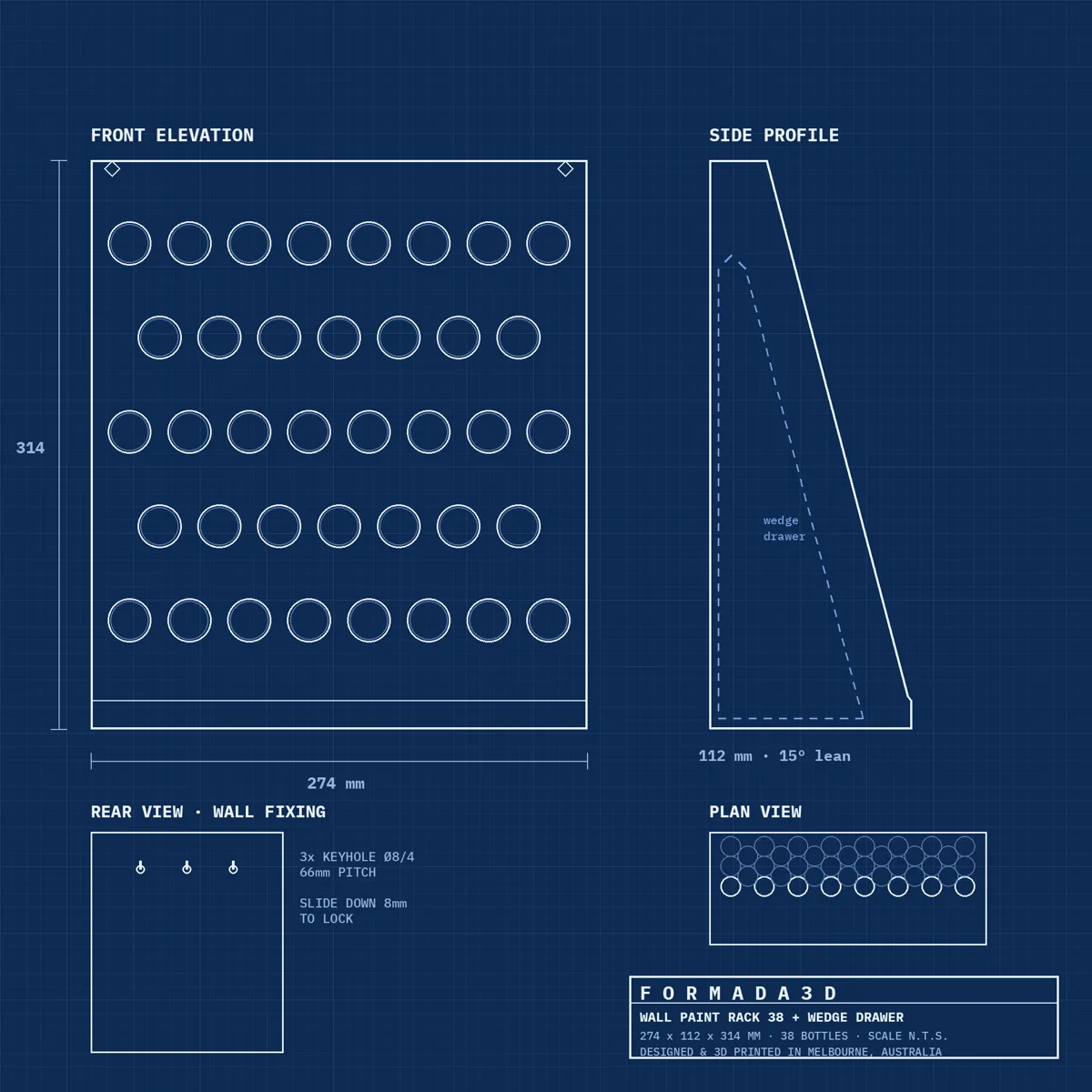Rack 38 (Desk & Wall) technical blueprint — STL files for home printing