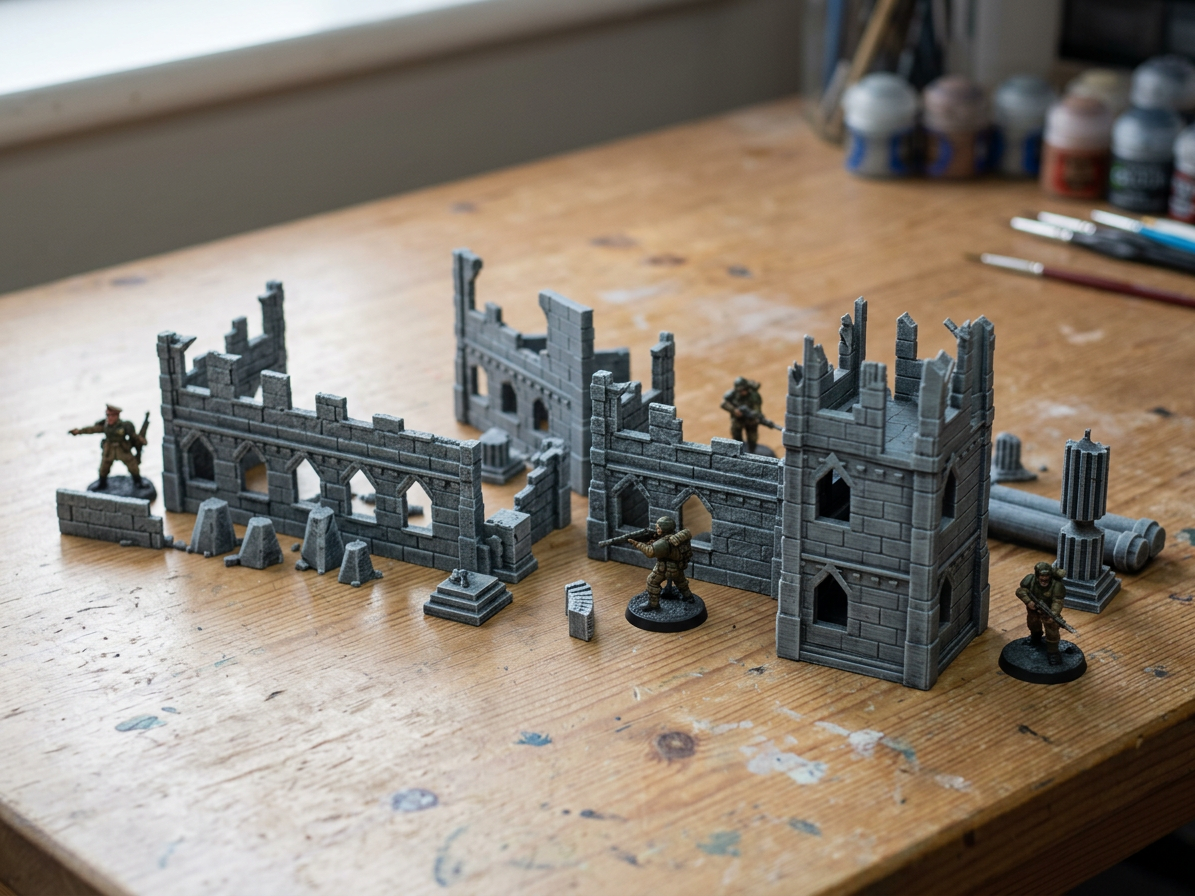 Visualisation of the gothic ruins set painted grey, arranged on a workbench with 28mm miniatures for scale
