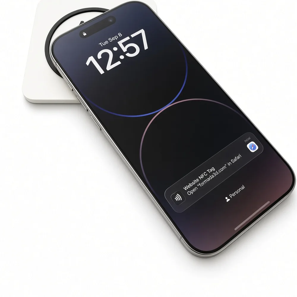 Phone tapped on the plaque: NFC tag opens formada3d.com