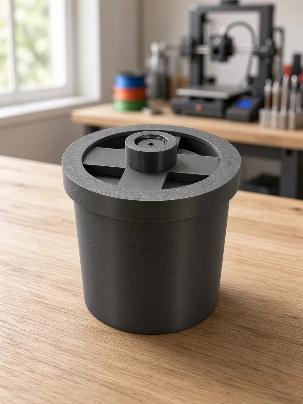 3D printed silicone mould jig from Mould Maker, assembled with the locking ring and centring cross, on a workbench