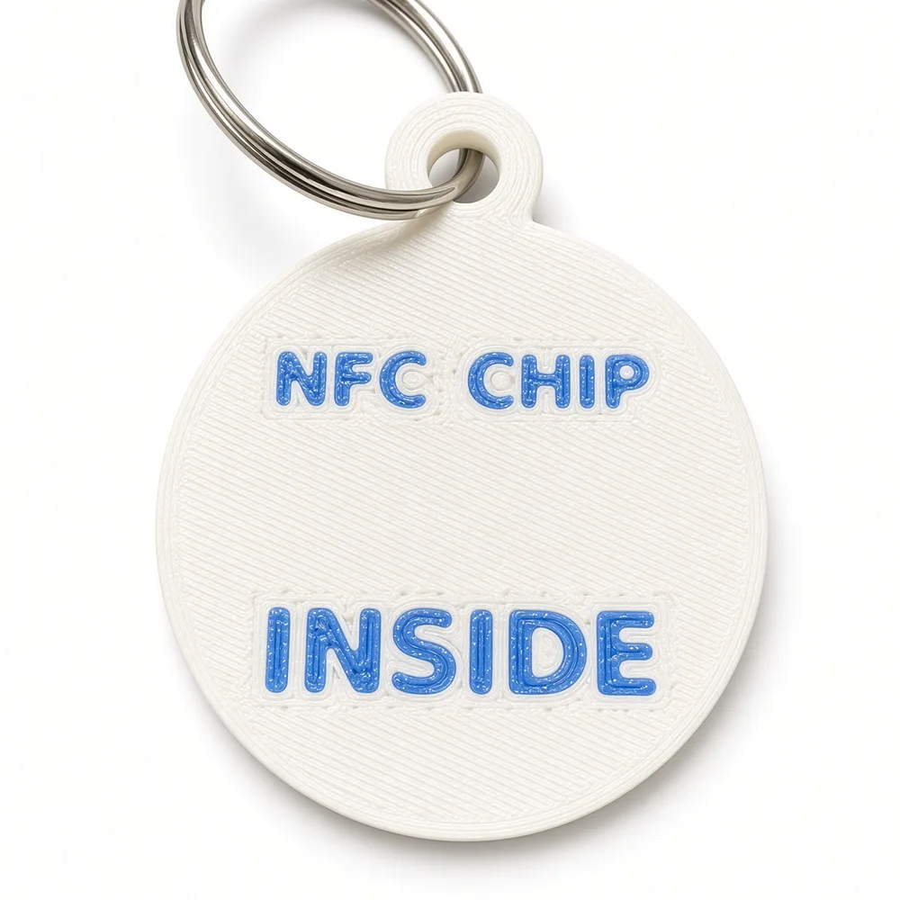 Back of the BUDDY tag reading NFC CHIP INSIDE — the chip is sealed mid-print