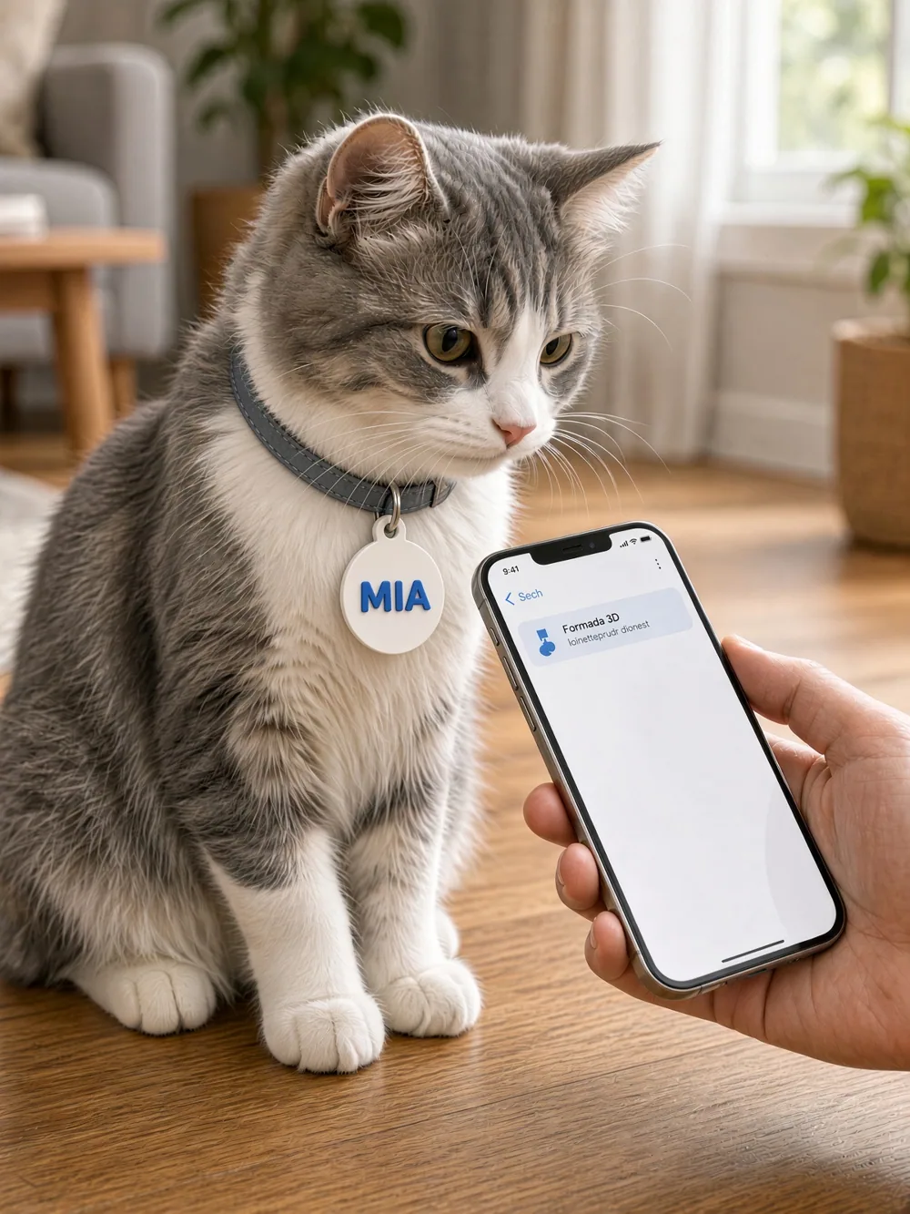 Cat wearing a pet ID tag, phone tapped on it opens the contact page