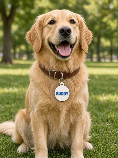 Golden retriever wearing a white round pet ID tag with a sealed NFC chip