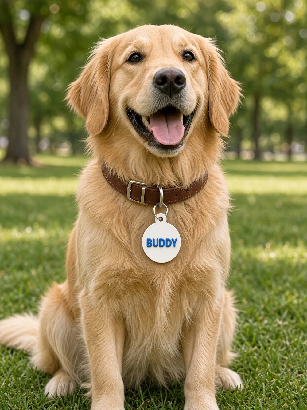Golden retriever wearing a white round pet ID tag