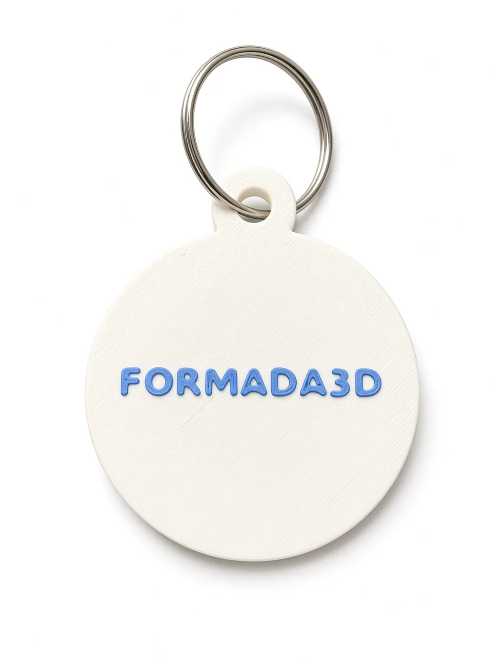Formada3D round pet ID tag, front, white with blue lettering