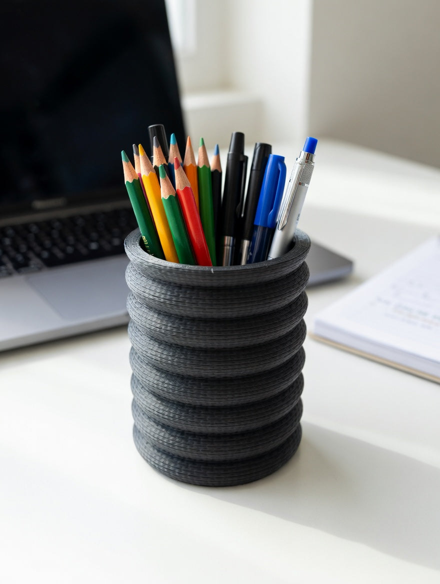 Formada3D — Knit Stack Pencil Holder Charcoal Grey Desk With Laptop