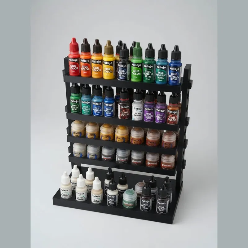 Gallery Ladder display tower loaded with dropper bottles and Citadel pots on four shelves