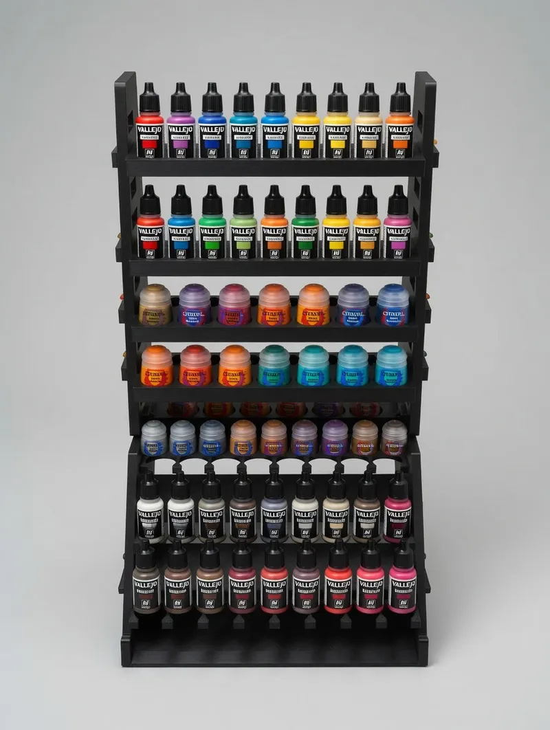 Paint Rack Tower with Riser Gallery fully loaded with dropper bottles and Citadel pots