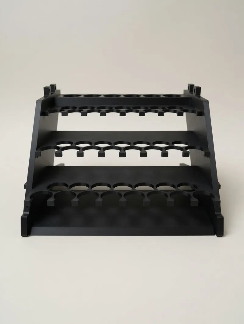 Paint Rack Tower flat-pack kit assembled, black, empty, three-quarter view