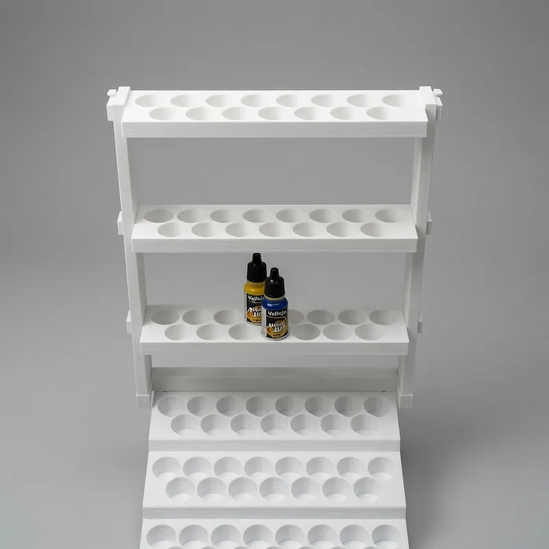 Combo 98: white Paint Rack 60 with the Riser Display Stand on top, two dropper bottles in place