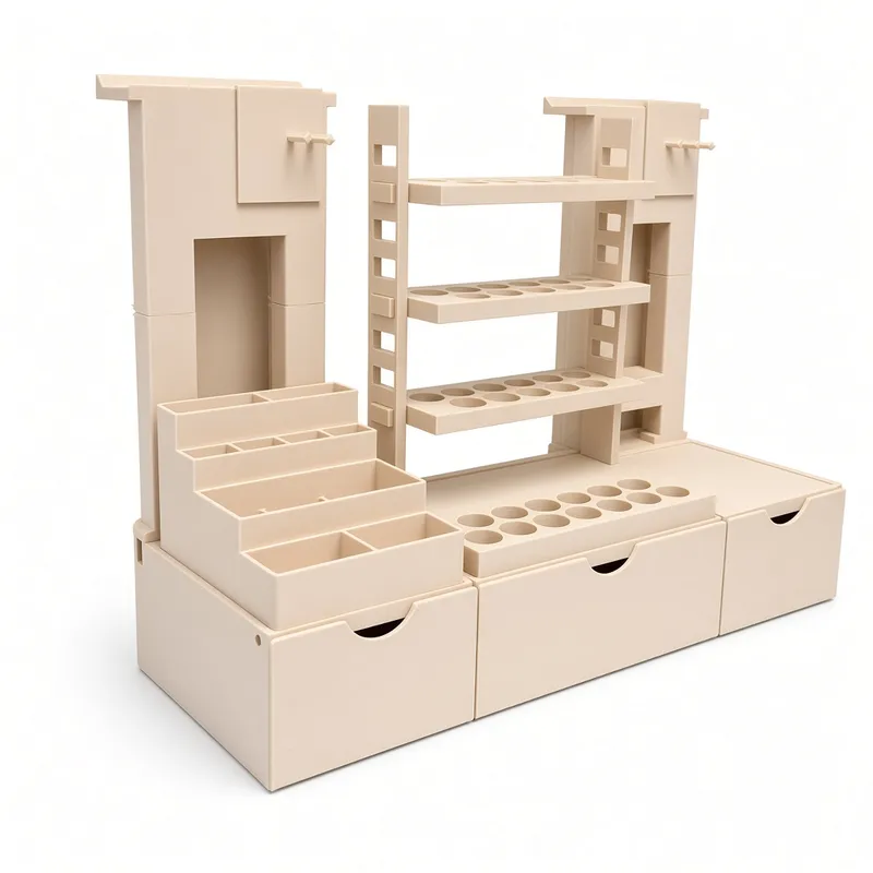 Side view of a two-colour 3D printed workstation with shelves and drawers