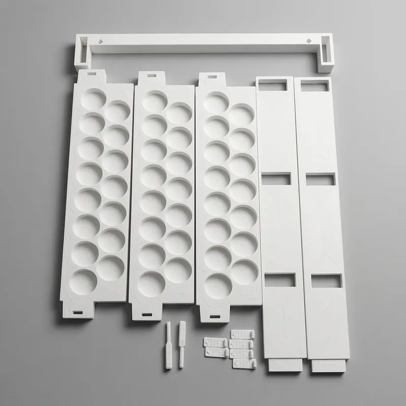 Flat-pack parts of the Riser Display Stand laid out in white