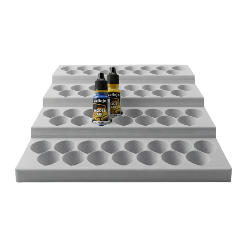 Paint Rack 60 in white, empty, front view, four staggered tiers