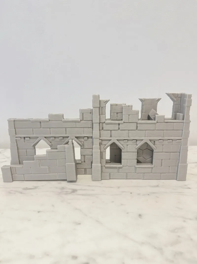Grey 3D printed folding gothic ruin wall for tabletop games