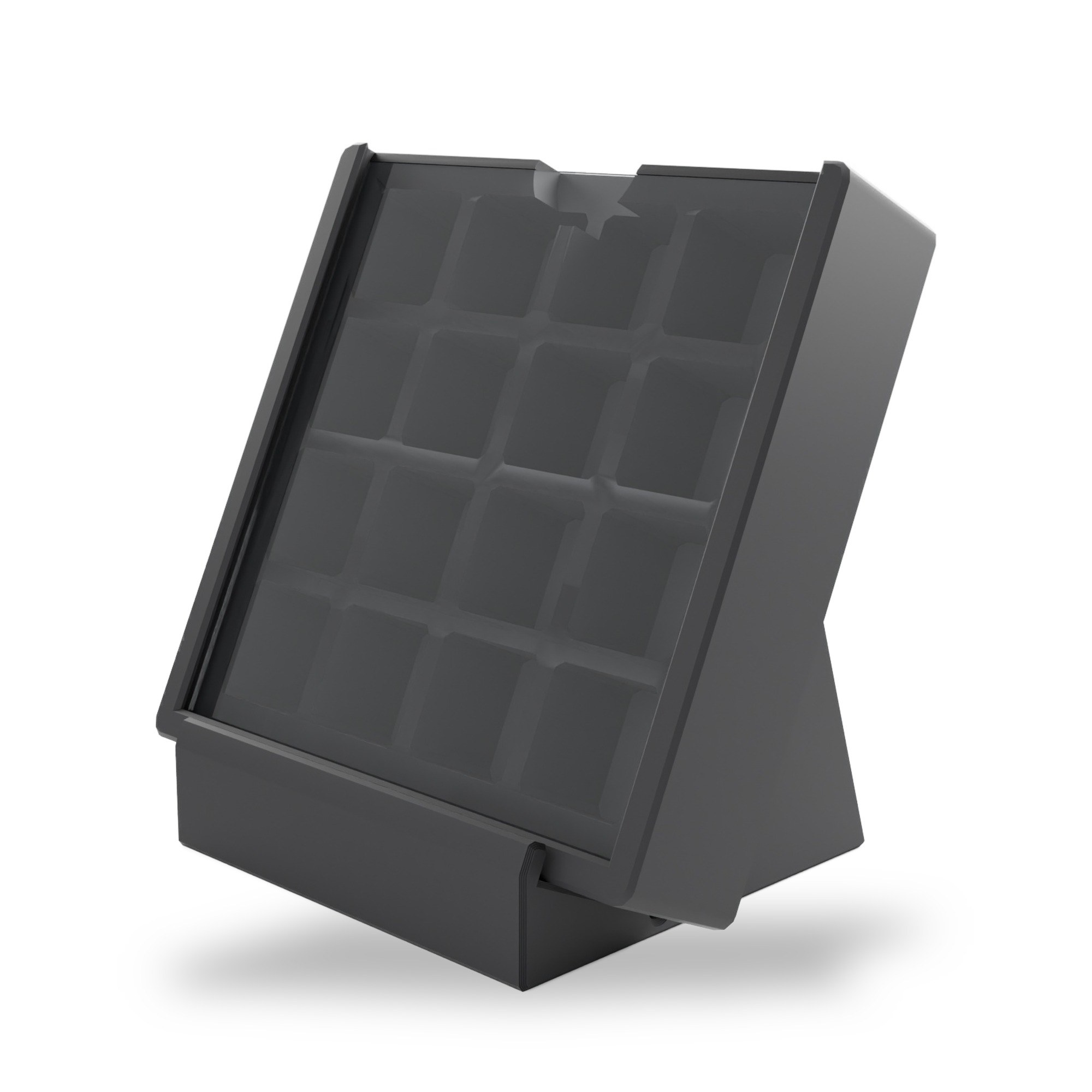 Keycap Display Tray — 16 Keycaps, Drop-In Acrylic Lid, Optional Stand