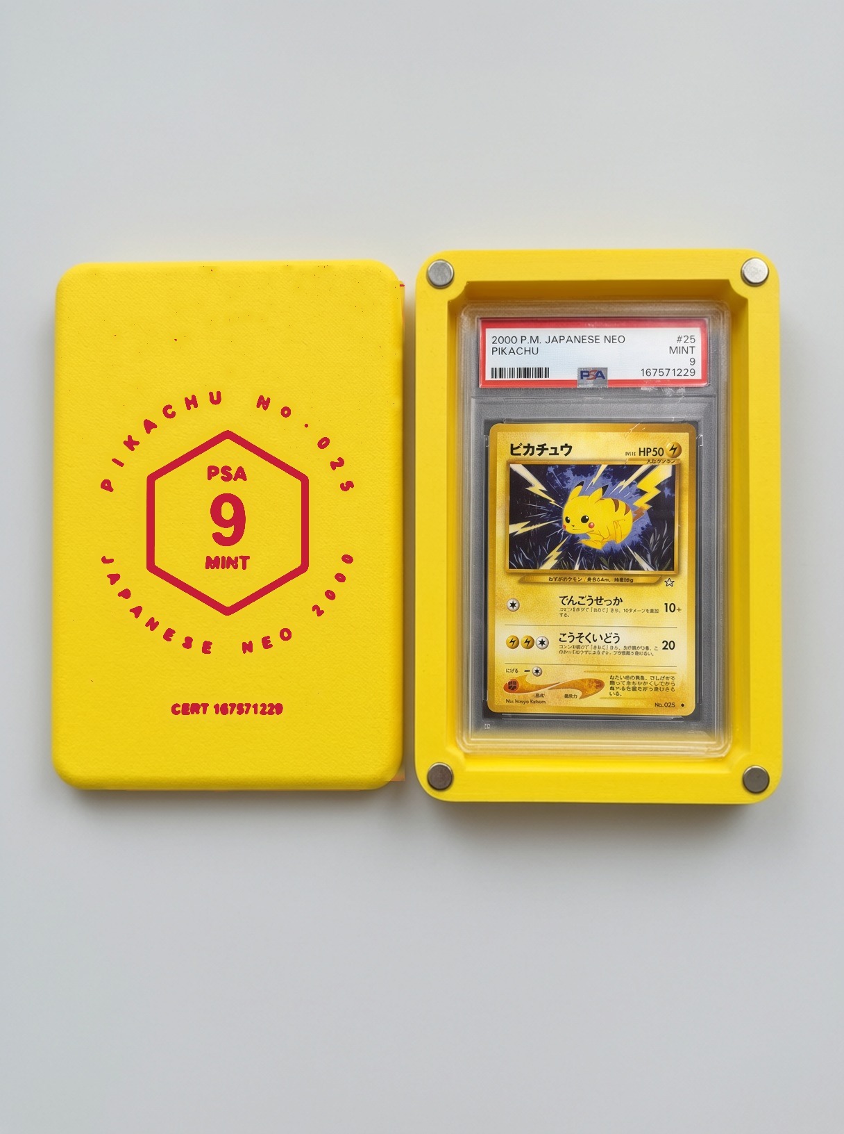 Custom engraved slab box printed in yellow holding a graded card, the lid engraved with the card name, set, grader and grade