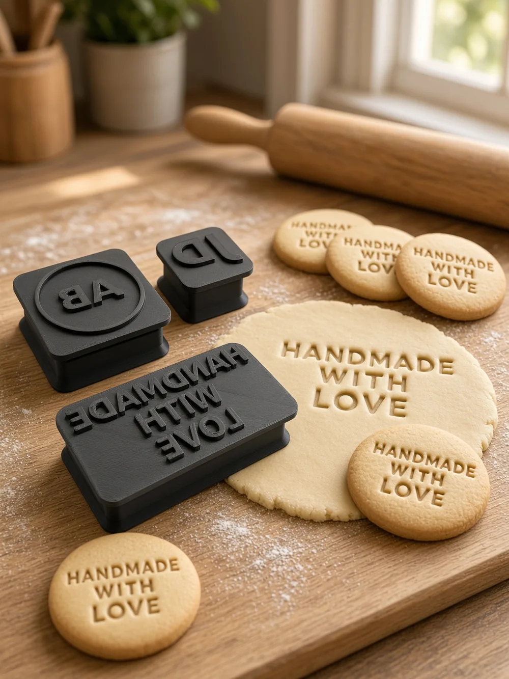 Three custom text stamps from Stamp Maker with cookies stamped HANDMADE WITH LOVE on a kitchen bench