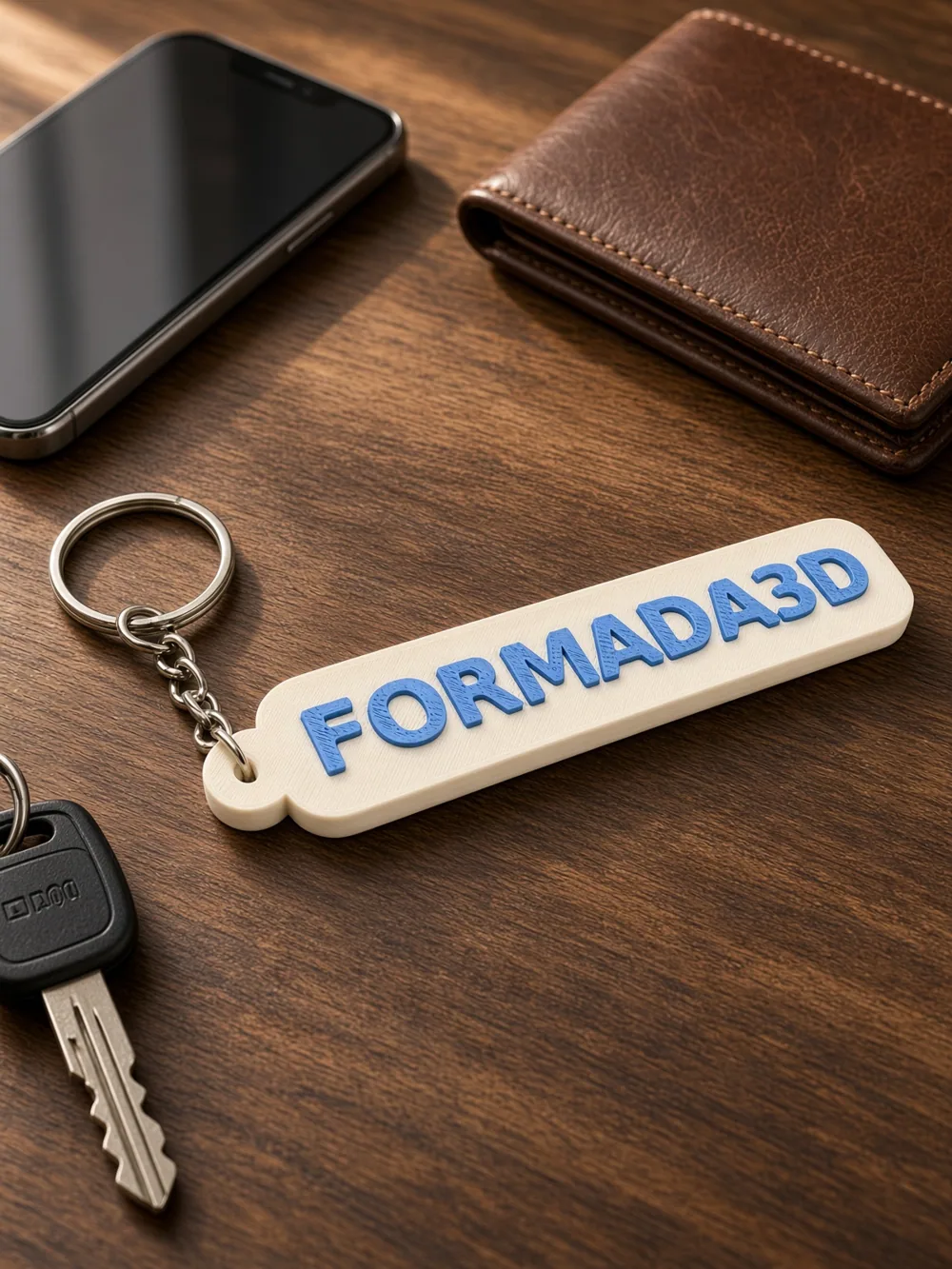 Formada3D NFC tag on a desk with keys, wallet and phone