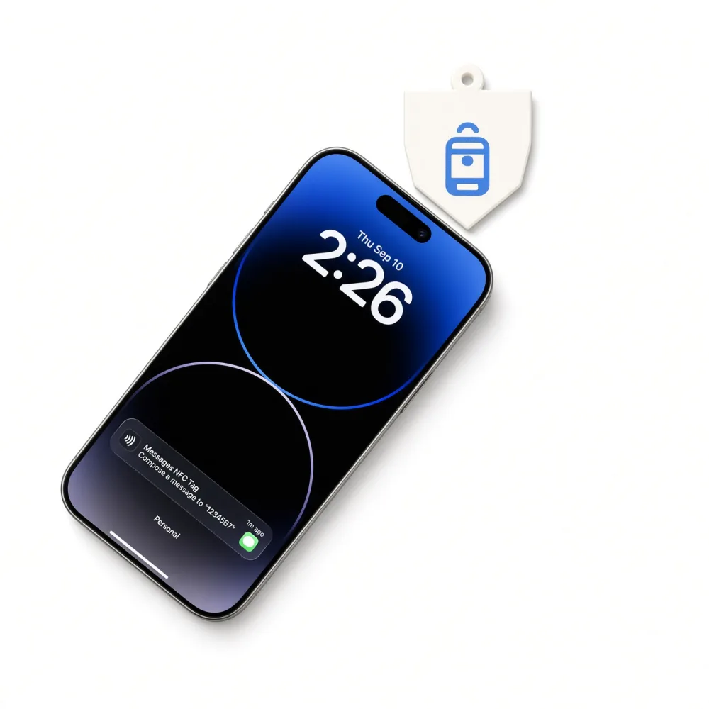 Kids bag NFC keychain tag tapped with an iPhone, the notification opening its link