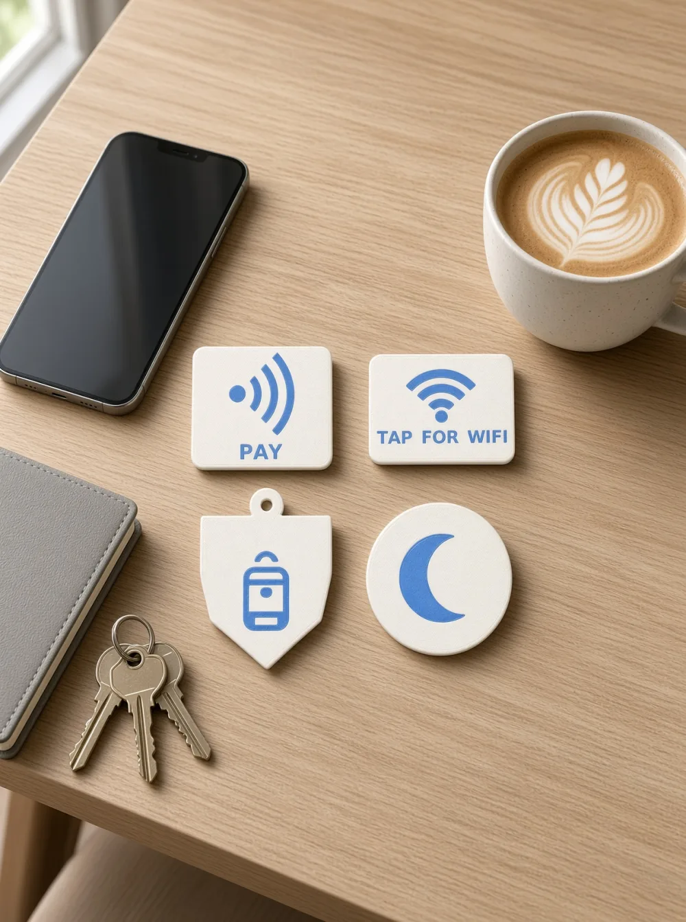 The NFC tag set on a desk with keys, a phone and a coffee